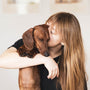 woman in black tank top hugging brown short coated dog