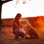 man in black and white stripe shirt sitting on brown sand beside brown dog during daytime