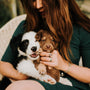 woman in black tank top holding black and white short coated small dog