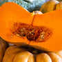 a close up of a pumpkin cut in half
