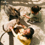 a little girl petting a cat on the ground