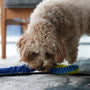 a dog eating from a bowl