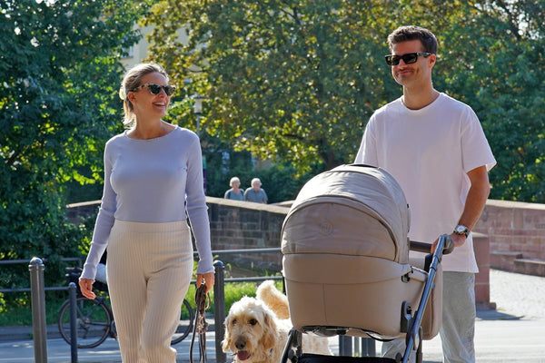 a man and woman walking with a dog in a stroller
