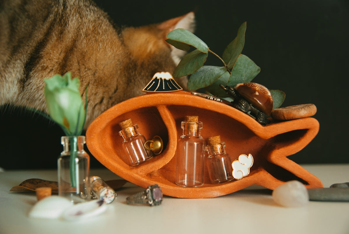 a cat sniffing a vase with small bottles in it