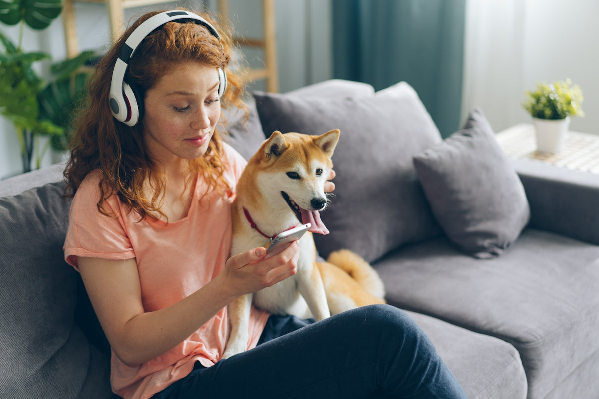 a woman sitting on a couch with a dog wearing headphones