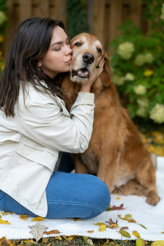 A woman sitting on the ground kissing a dog