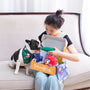 Girl and dog open a pawbox filled with toys.