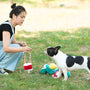 A woman plays with her dog in the grass.