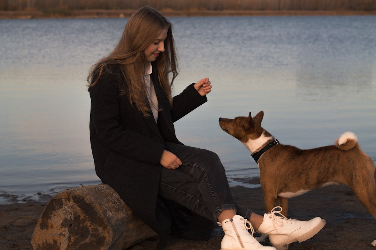 A woman trains her dog beside the water.