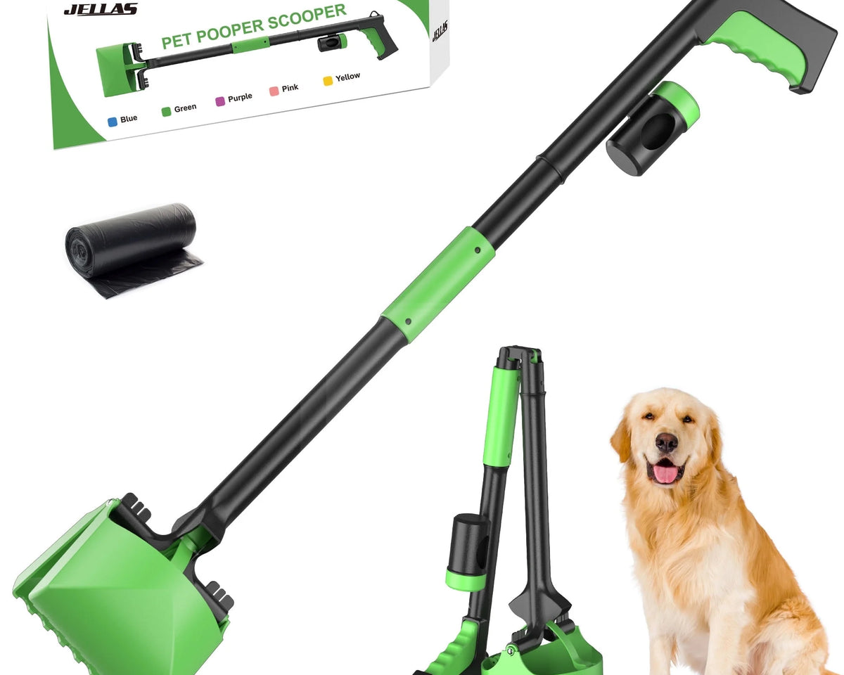 Ultimate Dog Pooper Scooper - Foldable 32" Long Handle with Bags & Attachment - Perfect for All Dog Sizes - Green