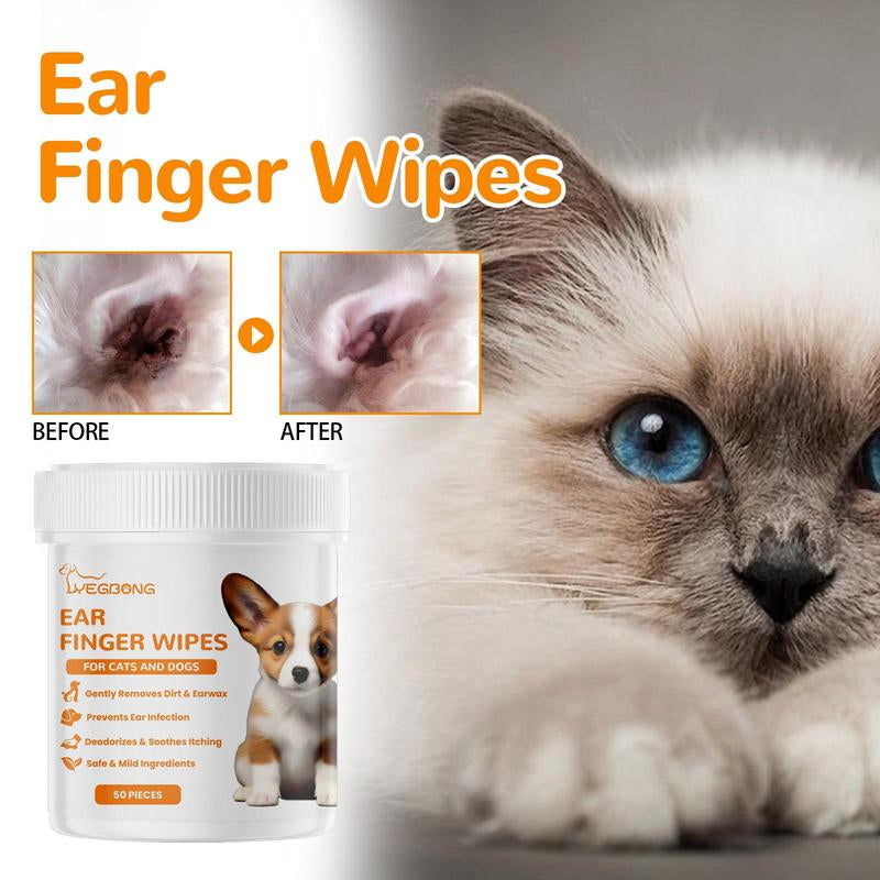 Pet Ear Cleaning Finger Wipes - 50 Count Set for Dog and Cat Ear Care and Grooming Supplies