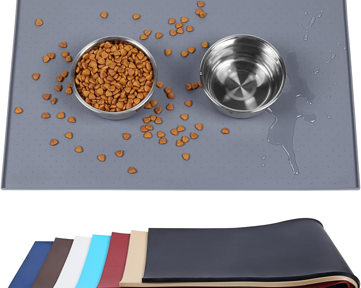 Large Waterproof Non-Slip Silicone Feeding Mat for Dogs and Cats with Raised Edge, Anti-Mess Placemat for Food and Water, Grey (24" x 16")