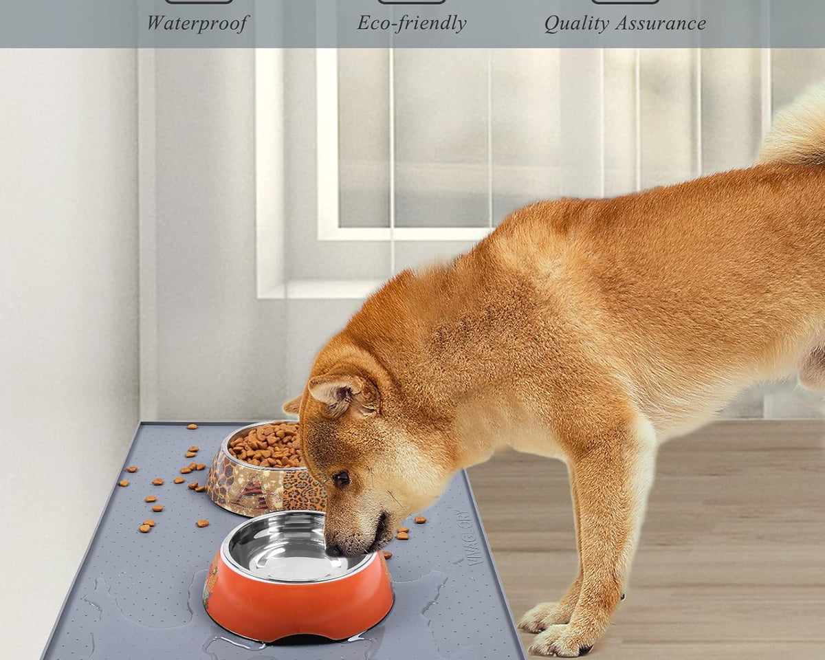 Large Waterproof Non-Slip Silicone Feeding Mat for Dogs and Cats with Raised Edge, Anti-Mess Placemat for Food and Water, Grey (24" x 16")