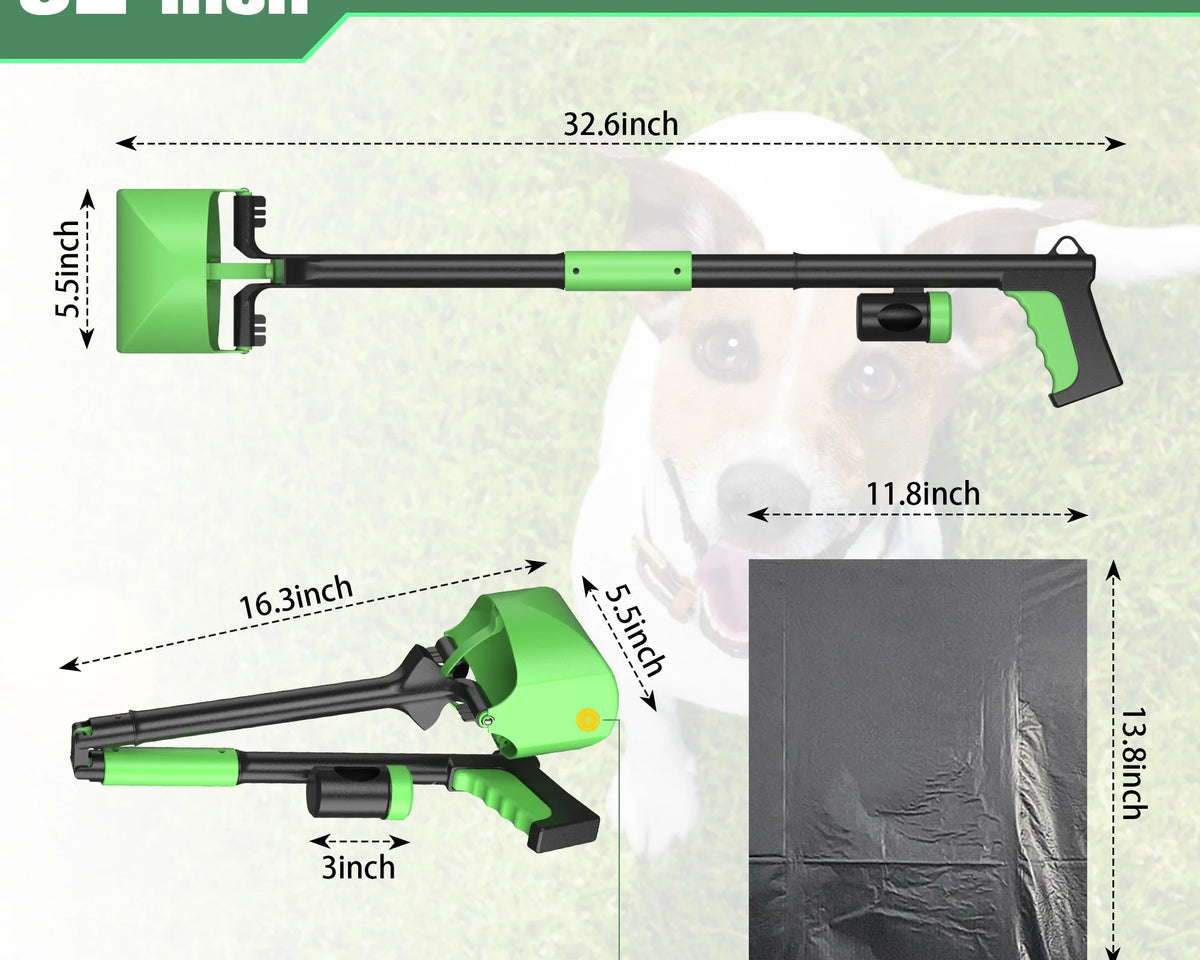 Ultimate Dog Pooper Scooper - Foldable 32" Long Handle with Bags & Attachment - Perfect for All Dog Sizes - Green