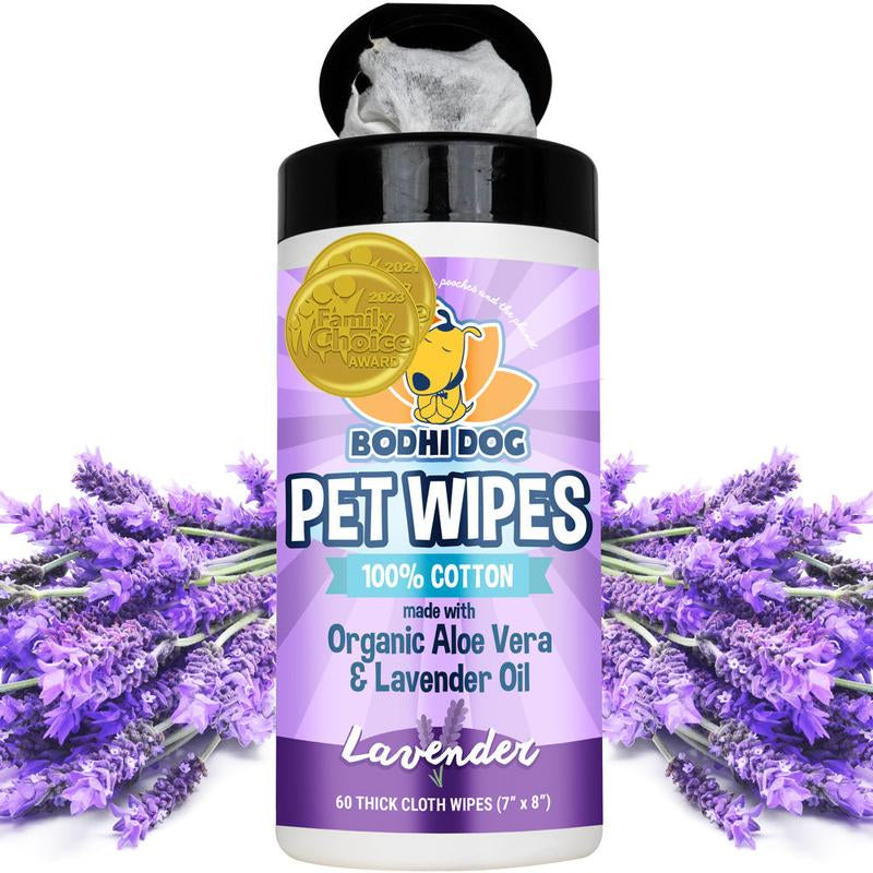 Bodhi Dog Pet Grooming Wipes - 60 Thick Cloths Infused with Lavender and Organic Aloe Vera, Paraben and SLS Free