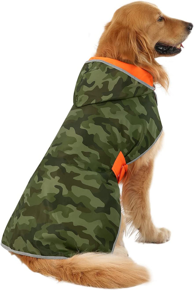 Stylish Reversible Camo & Orange Dog Raincoat - Hooded Slicker Poncho for Small, Medium & Large Dogs - Size L