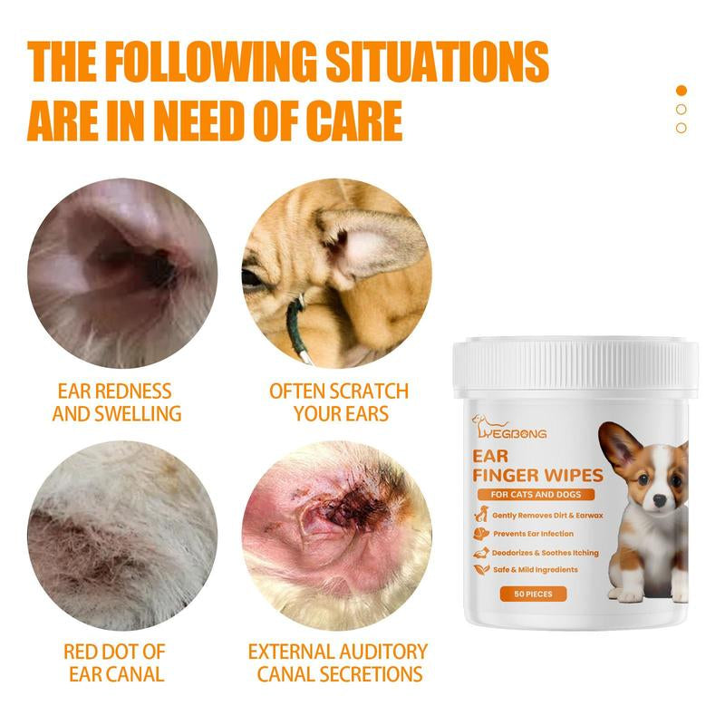 Pet Ear Cleaning Finger Wipes - 50 Count Set for Dog and Cat Ear Care and Grooming Supplies