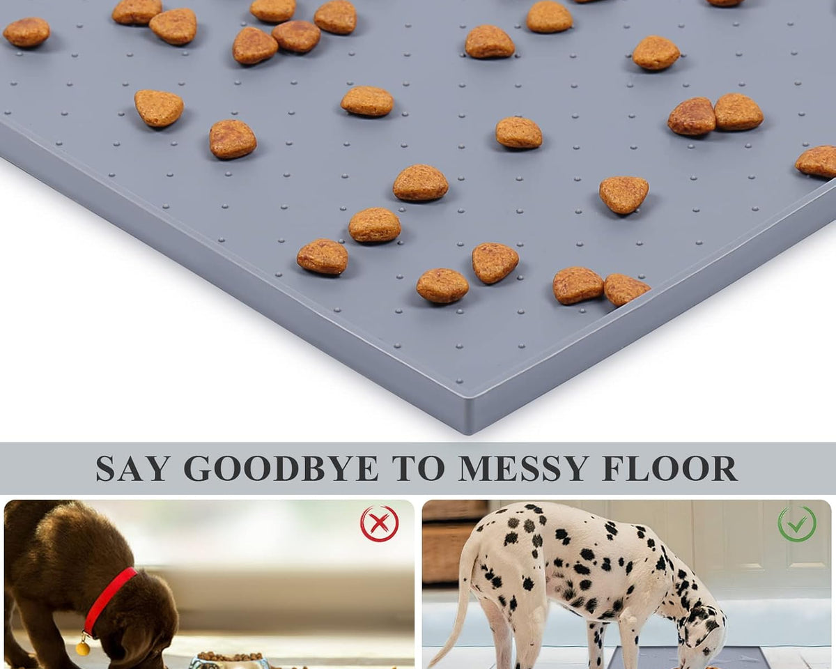 Large Waterproof Non-Slip Silicone Feeding Mat for Dogs and Cats with Raised Edge, Anti-Mess Placemat for Food and Water, Grey (24" x 16")