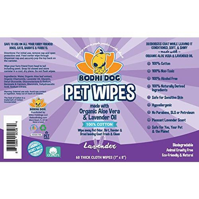Bodhi Dog Pet Grooming Wipes - 60 Thick Cloths Infused with Lavender and Organic Aloe Vera, Paraben and SLS Free