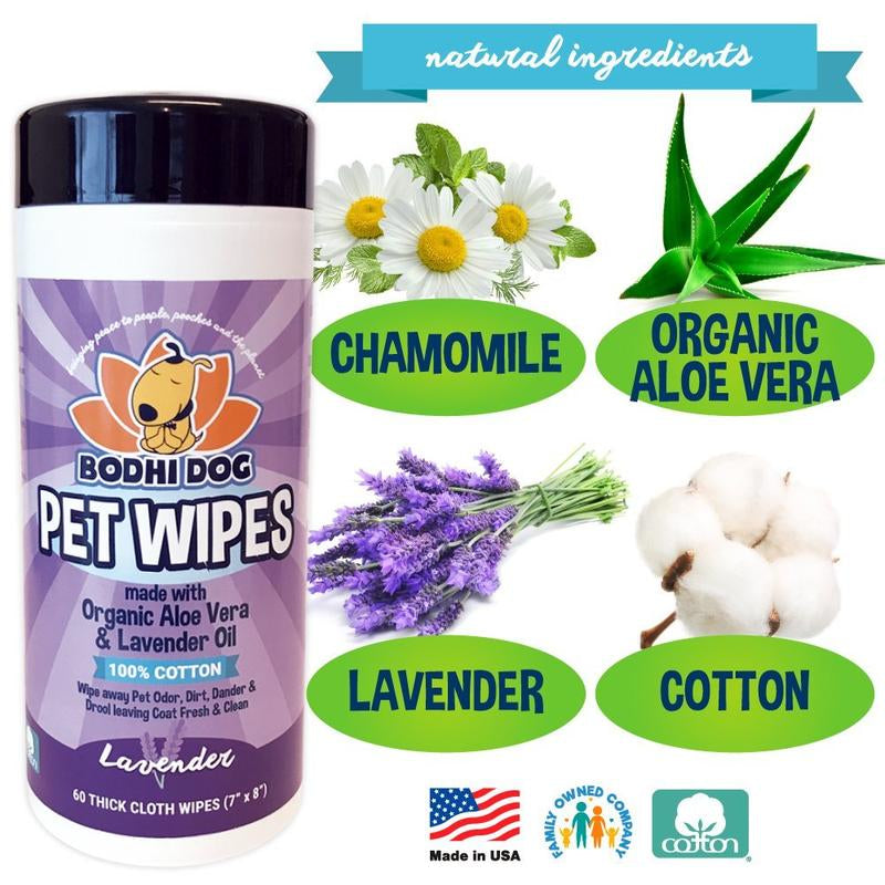 Bodhi Dog Pet Grooming Wipes - 60 Thick Cloths Infused with Lavender and Organic Aloe Vera, Paraben and SLS Free
