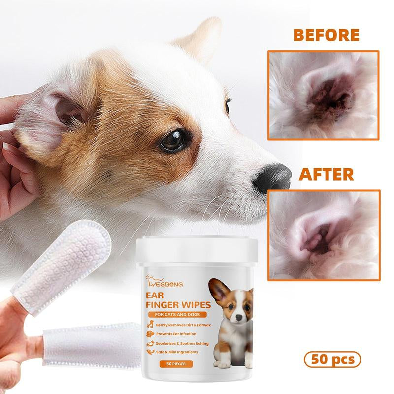 Pet Ear Cleaning Finger Wipes - 50 Count Set for Dog and Cat Ear Care and Grooming Supplies
