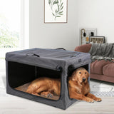 Petsfit Large Dog Crate - Adjustable Soft Kennel with Chew-Proof Mesh Windows & Thick Mat for Indoor & Outdoor Travel - Stylish Grey Design