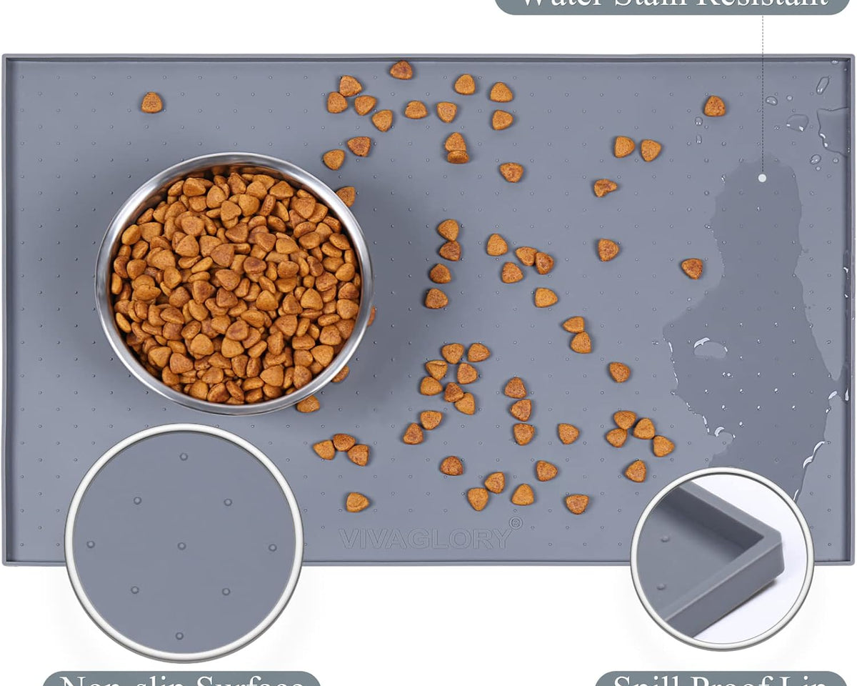 Large Waterproof Non-Slip Silicone Feeding Mat for Dogs and Cats with Raised Edge, Anti-Mess Placemat for Food and Water, Grey (24" x 16")