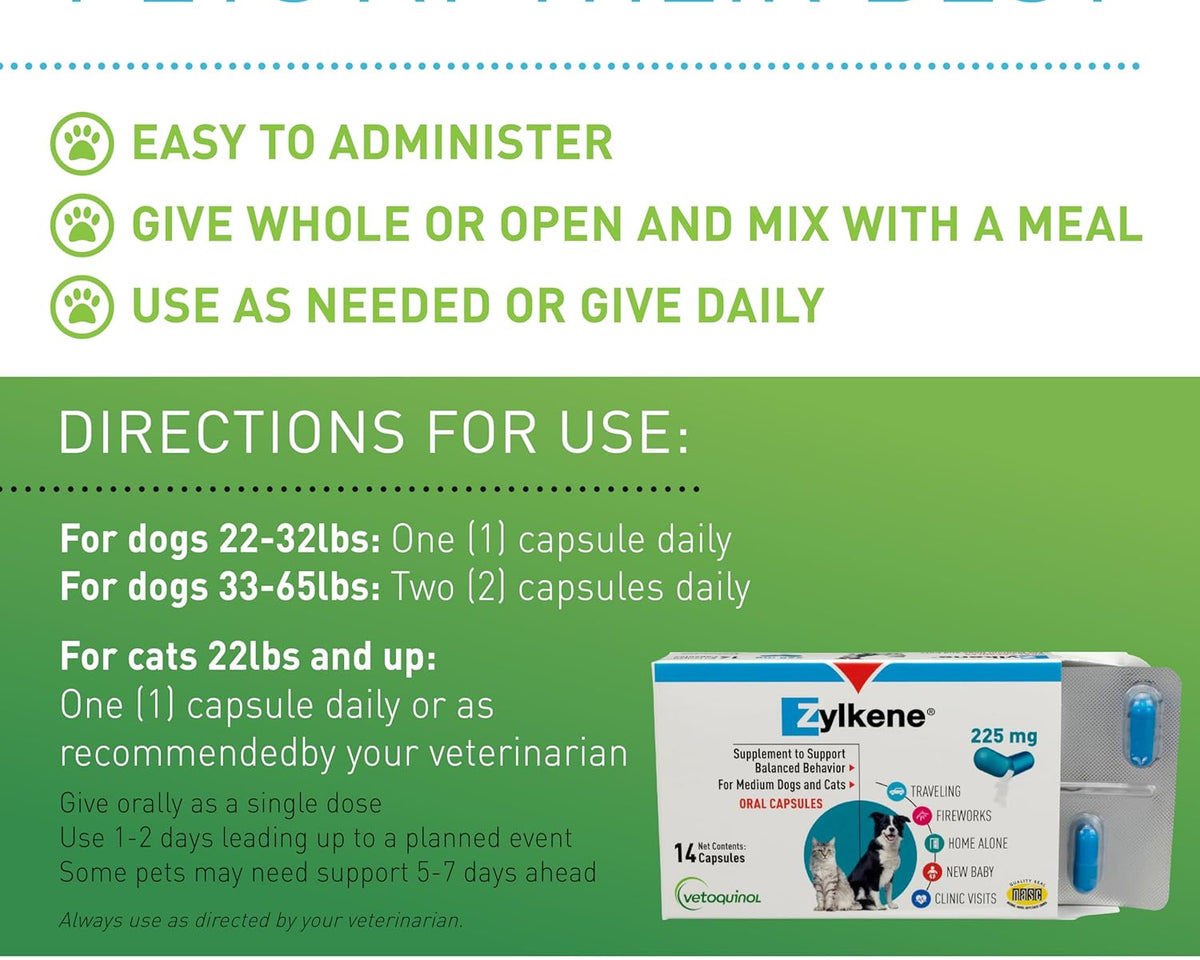 Zylkene Calming Support for Medium Dogs - 14 Capsules, 225 mg - Promotes Relaxation and Reduces Stress for Dogs 33-65 lbs