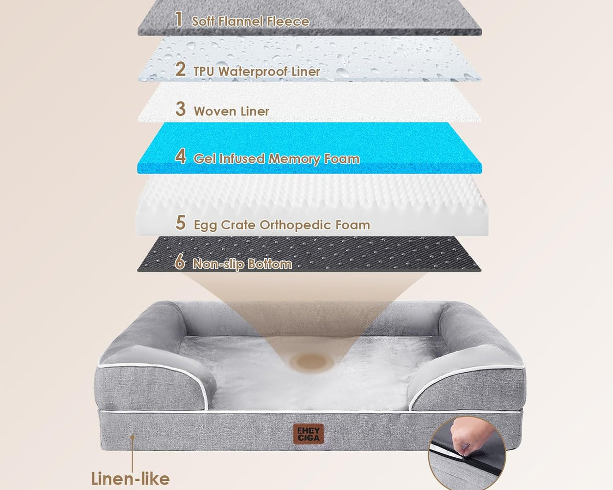 Orthopedic Dog Beds for Extra Large Dogs 44X32Inch, Waterproof Memory Foam XL Pet Bed with Sides, Non-Slip and Egg-Crate Foam Big Dog Couch Bed with Washable Removable Cover, Grey