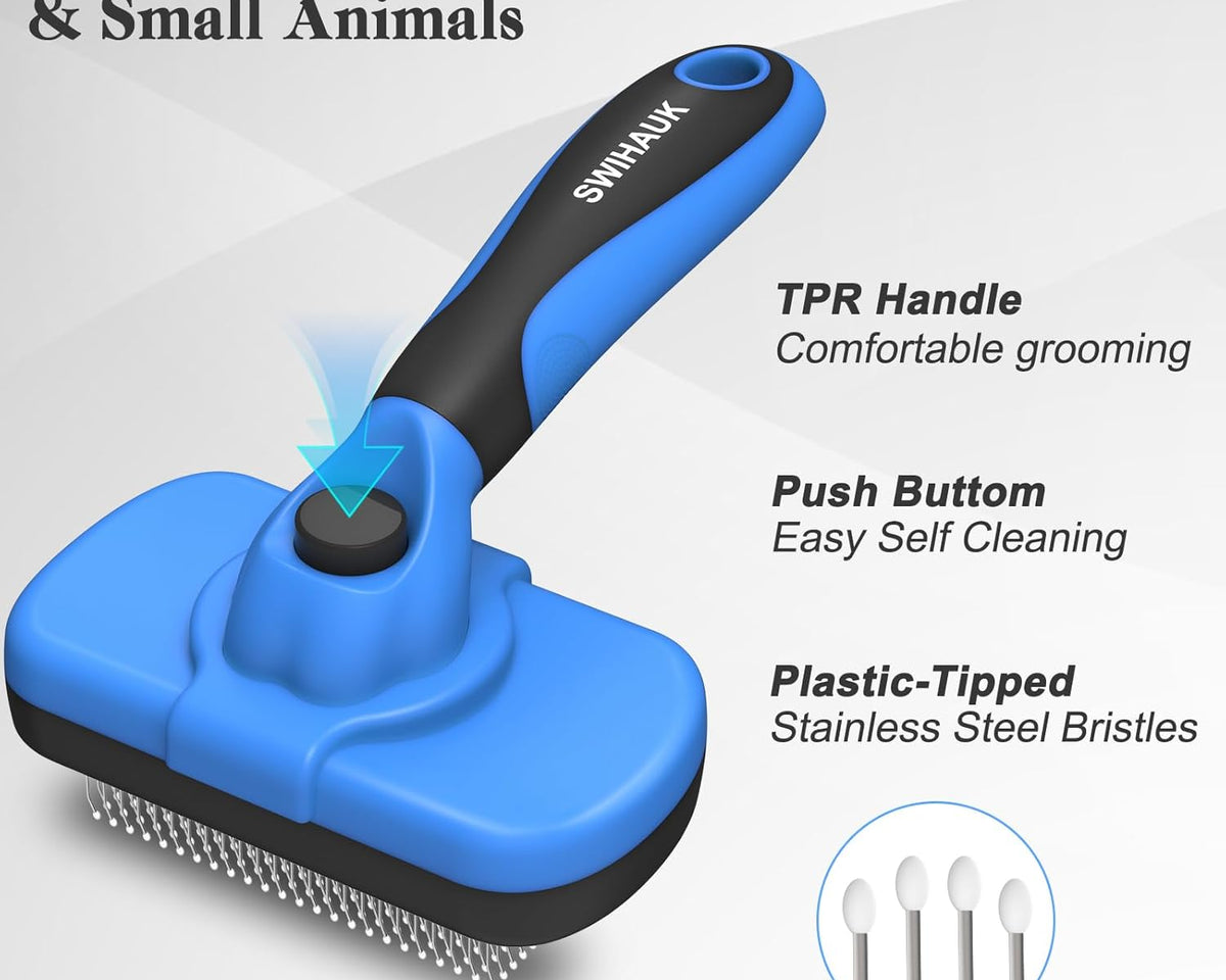 Self Cleaning Slicker Brush - Skin Friendly Deshedding Grooming Tool for Dogs & Cats, Suitable for Shedding & Haired Pets, with Pet Supplies Accessories, Blue