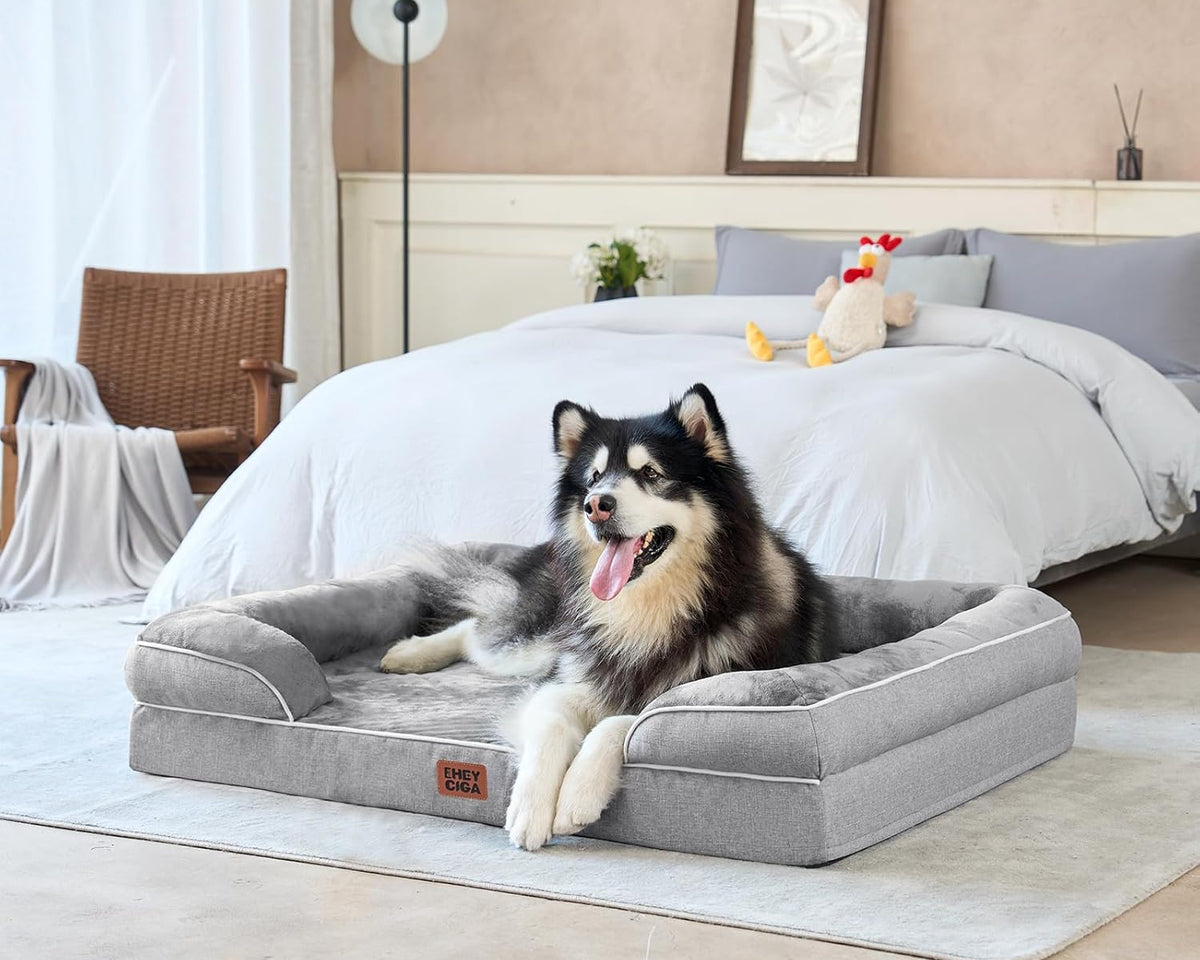 Orthopedic Dog Beds for Extra Large Dogs 44X32Inch, Waterproof Memory Foam XL Pet Bed with Sides, Non-Slip and Egg-Crate Foam Big Dog Couch Bed with Washable Removable Cover, Grey