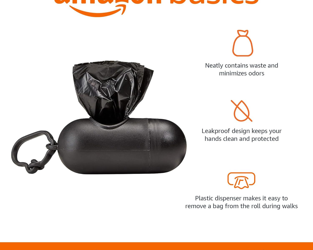 Dog Poop Leak Proof Bags with Dispenser and Leash Clip, Unscented, 300 Count, 20 Pack of 15, Black, 13 X 9 Inch