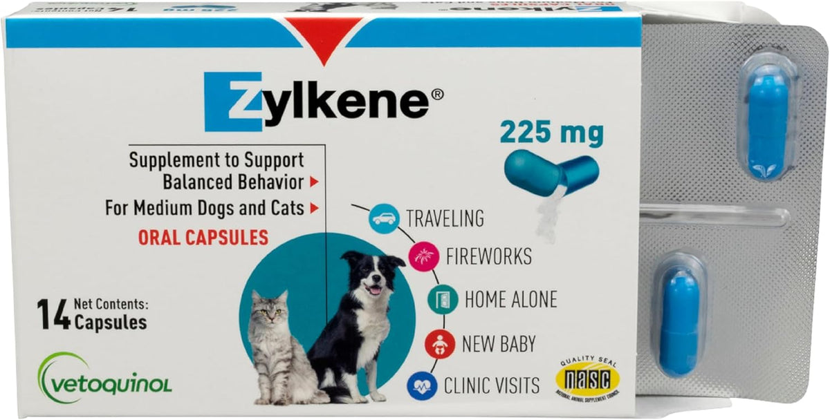 Zylkene Calming Support for Medium Dogs - 14 Capsules, 225 mg - Promotes Relaxation and Reduces Stress for Dogs 33-65 lbs