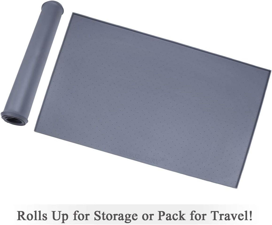 Large Waterproof Non-Slip Silicone Feeding Mat for Dogs and Cats with Raised Edge, Anti-Mess Placemat for Food and Water, Grey (24" x 16")