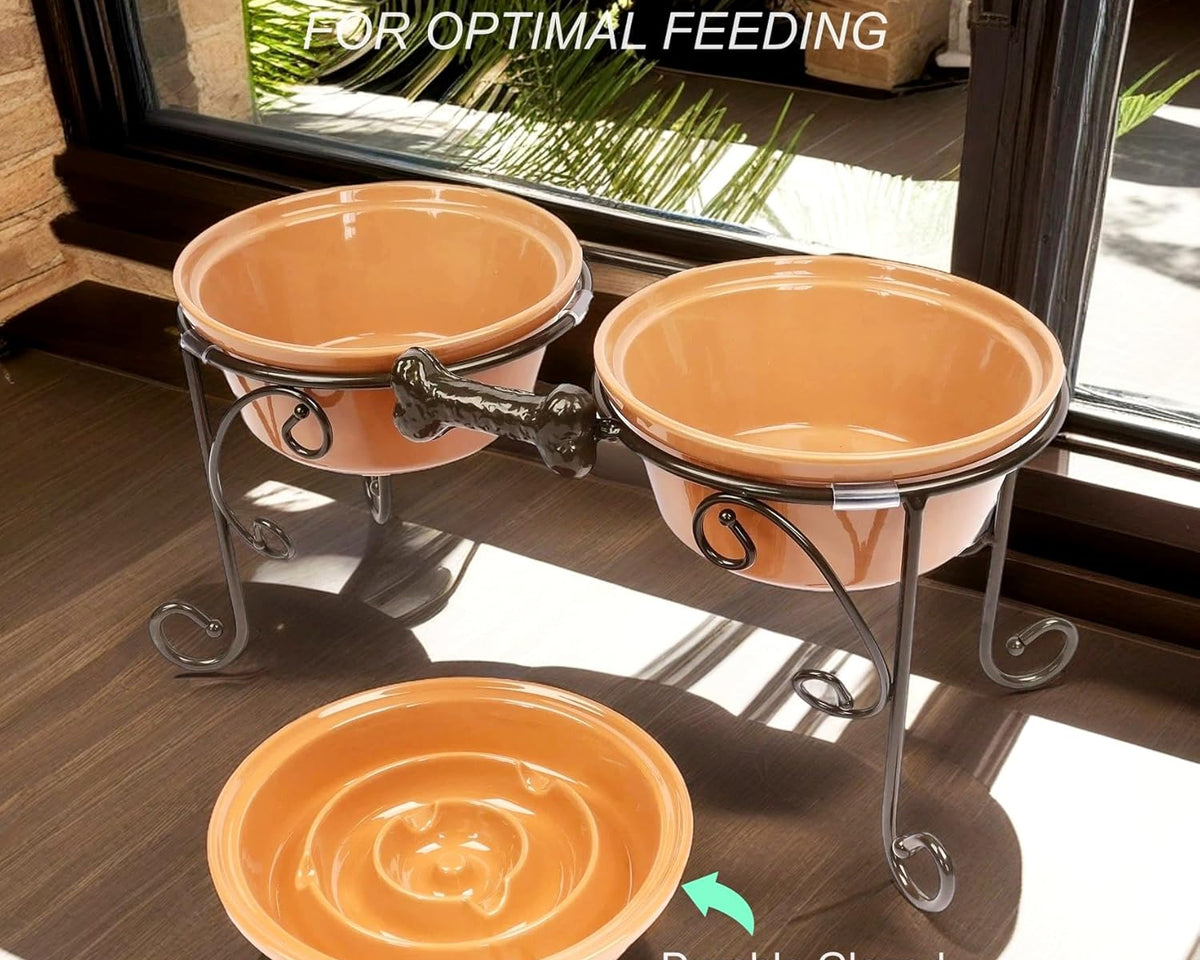 Elevated Dog Bowl Stand with Large Ceramic Bowls - Premium Pet Feeding Station for Medium to Large Breeds (Almond)