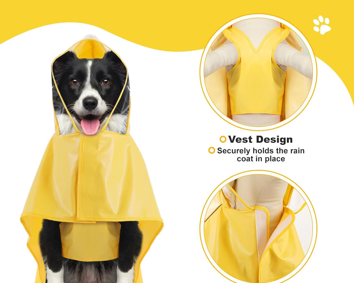 Adjustable Dog Raincoat with Clear Hood and Reflective Strips for Large, Medium, and Small Dogs - Yellow, Size L
