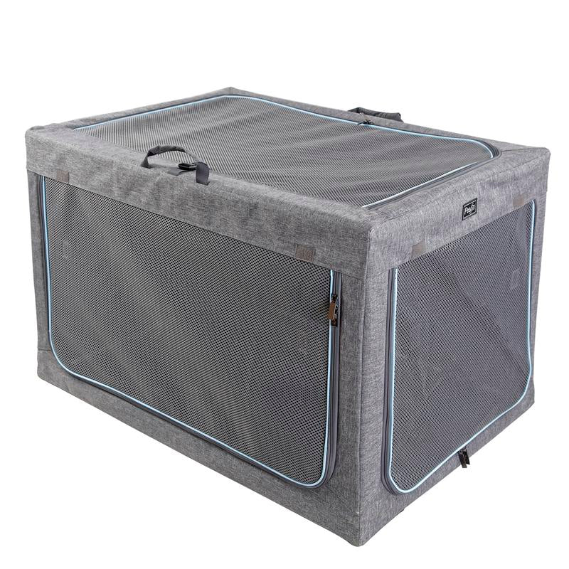 Petsfit Large Dog Crate - Adjustable Soft Kennel with Chew-Proof Mesh Windows & Thick Mat for Indoor & Outdoor Travel - Stylish Grey Design