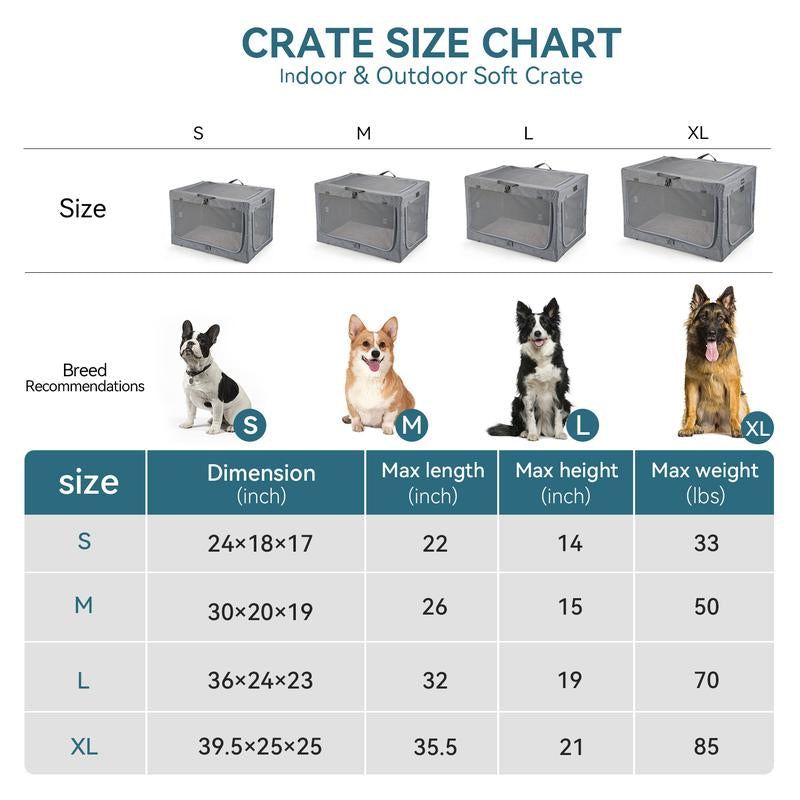 Petsfit Large Dog Crate - Adjustable Soft Kennel with Chew-Proof Mesh Windows & Thick Mat for Indoor & Outdoor Travel - Stylish Grey Design