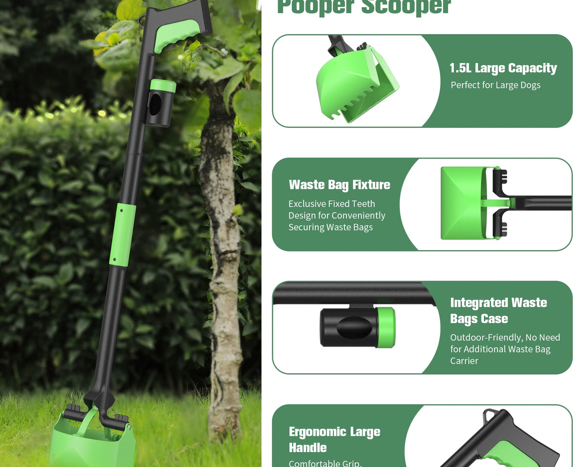 Ultimate Dog Pooper Scooper - Foldable 32" Long Handle with Bags & Attachment - Perfect for All Dog Sizes - Green