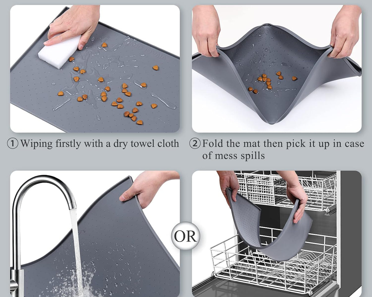 Large Waterproof Non-Slip Silicone Feeding Mat for Dogs and Cats with Raised Edge, Anti-Mess Placemat for Food and Water, Grey (24" x 16")