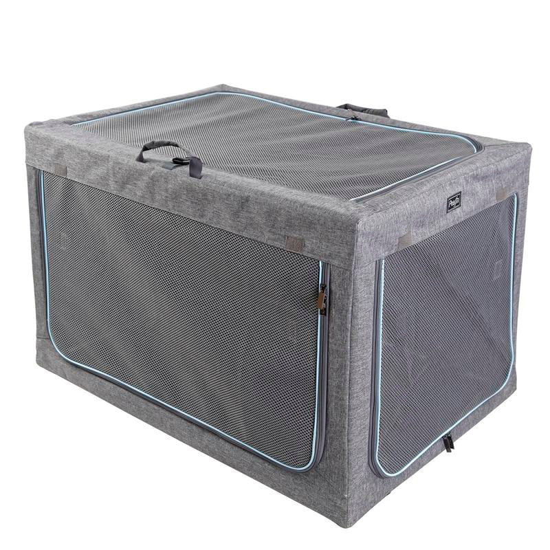 Petsfit Large Dog Crate - Adjustable Soft Kennel with Chew-Proof Mesh Windows & Thick Mat for Indoor & Outdoor Travel - Stylish Grey Design