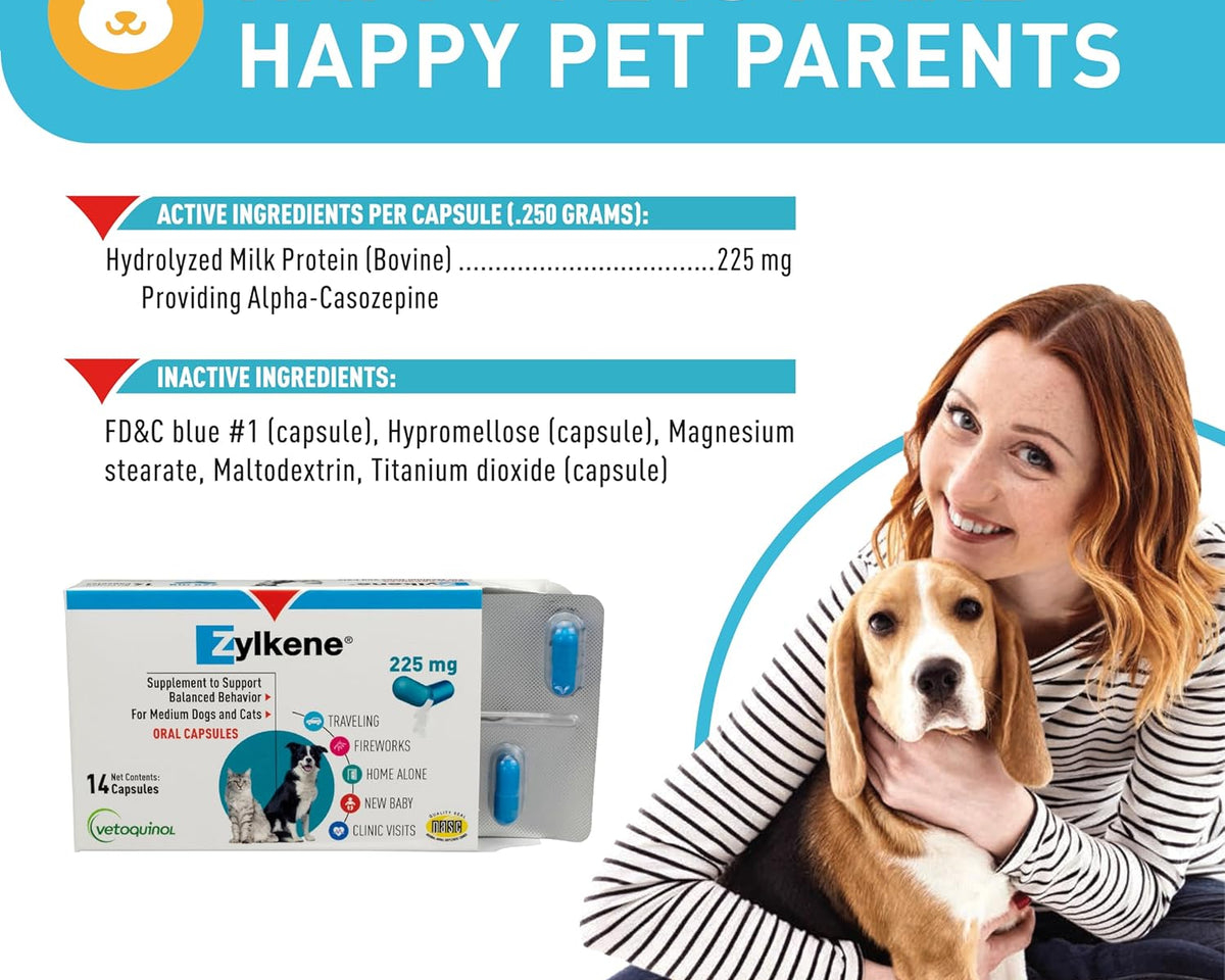 Zylkene Calming Support for Medium Dogs - 14 Capsules, 225 mg - Promotes Relaxation and Reduces Stress for Dogs 33-65 lbs