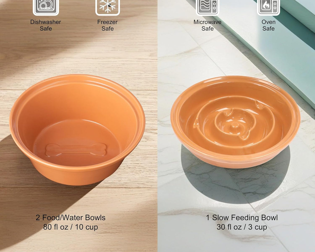 Elevated Dog Bowl Stand with Large Ceramic Bowls - Premium Pet Feeding Station for Medium to Large Breeds (Almond)