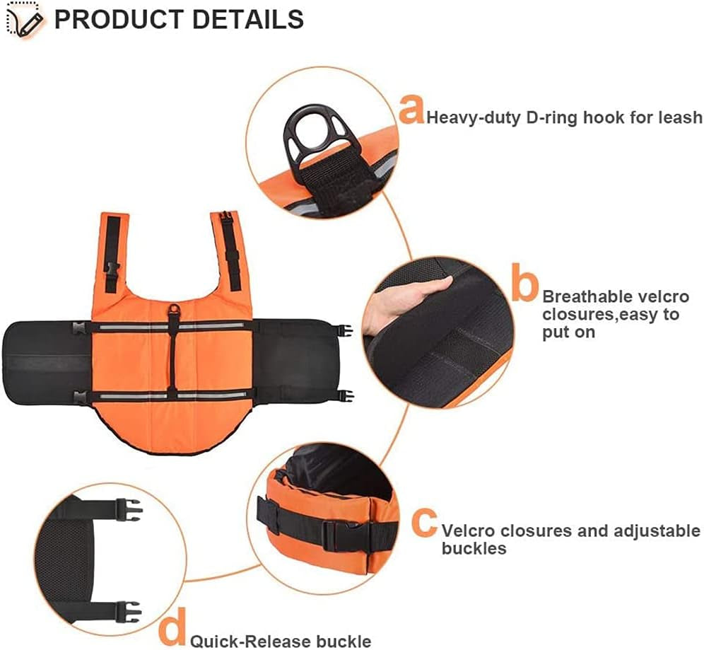 Premium Adjustable Dog Life Jacket - Reflective Safety Vest for All Sizes (Orange, Size L)