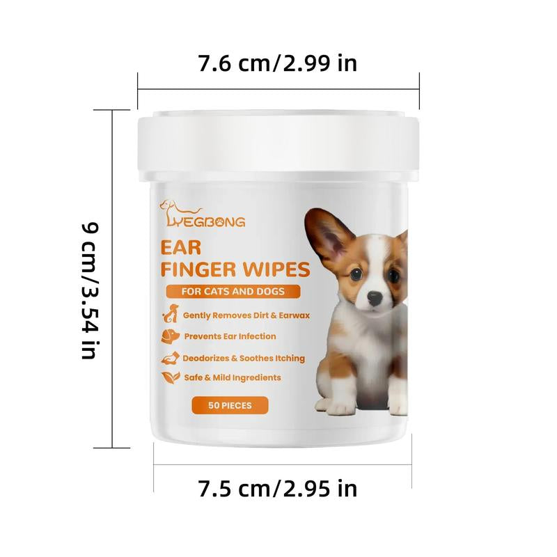 Pet Ear Cleaning Finger Wipes - 50 Count Set for Dog and Cat Ear Care and Grooming Supplies