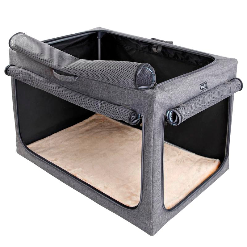Petsfit Large Dog Crate - Adjustable Soft Kennel with Chew-Proof Mesh Windows & Thick Mat for Indoor & Outdoor Travel - Stylish Grey Design