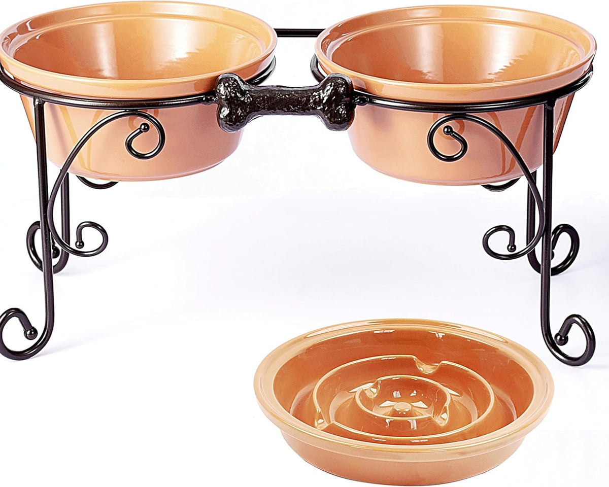 Elevated Dog Bowl Stand with Large Ceramic Bowls - Premium Pet Feeding Station for Medium to Large Breeds (Almond)