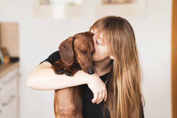 woman in black tank top hugging brown short coated dog