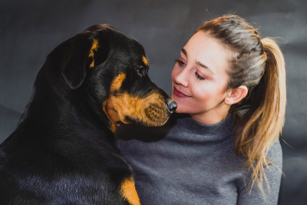 woman in black crew neck shirt hugging black and tan short coat dog