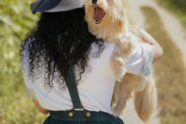 woman in black hat carrying brown long coated small dog